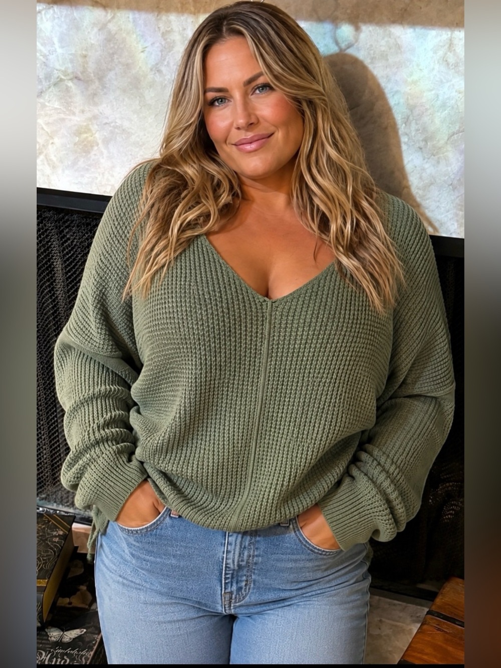 HEYSON Sage Green Oversized V-Neck Waffle Knit Sweater NWT